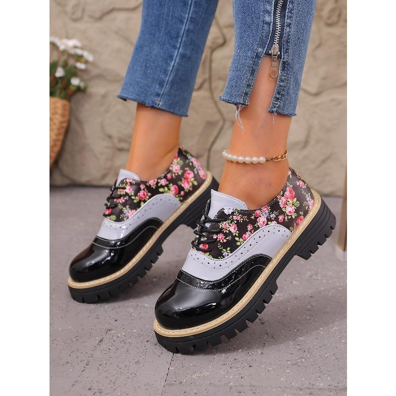 Autumn Printed Low-top Shoes 2025 New Plus-size Lace-up British Style Muffin Small Leather Shoes for Women