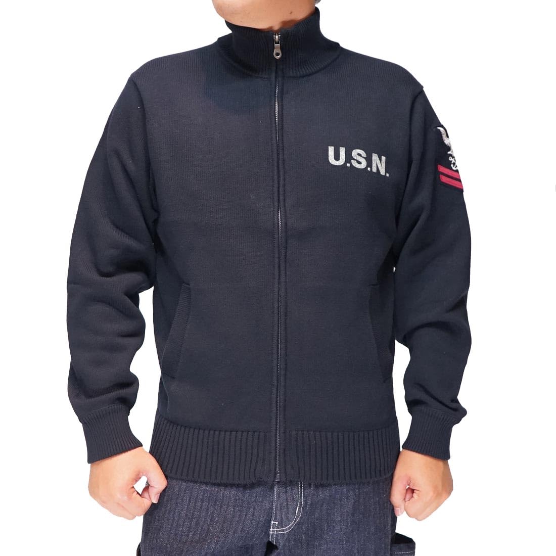 

AVIREX Naval Stand Collar Zip Knit Jacket Sweater for Men (M, Navy)