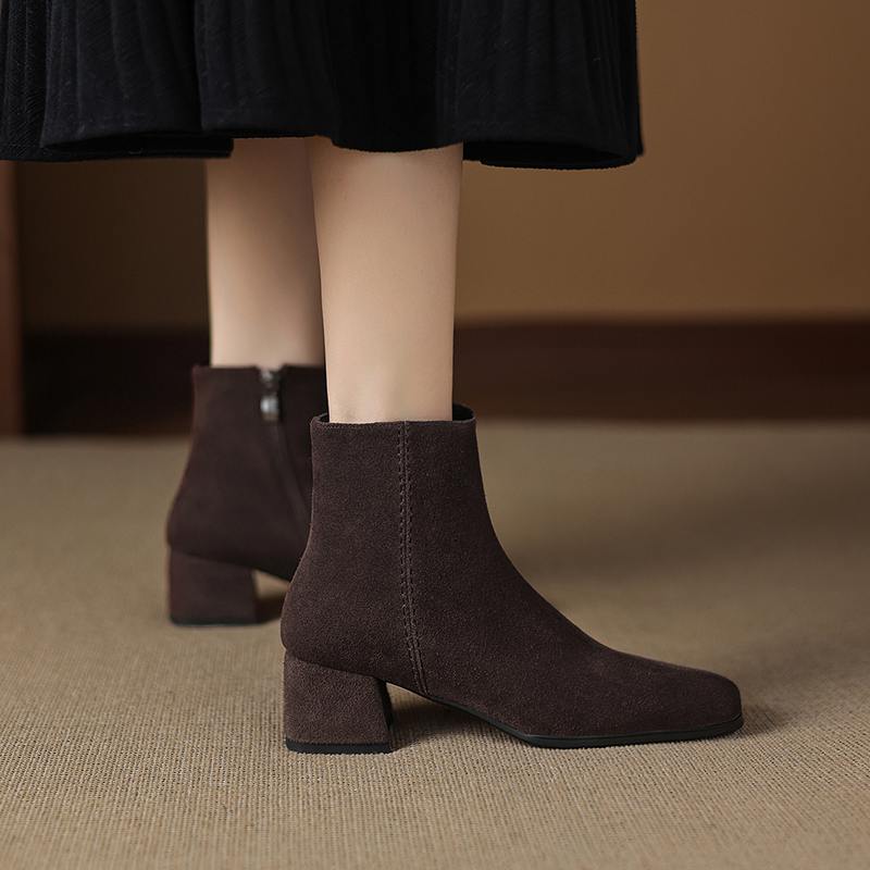 Krazing Pot 2026 cow suede nubuck Winter Square Toe Chunky Heels Chelsea Fashion Boots Women Zip Retro Women Ankle Boots