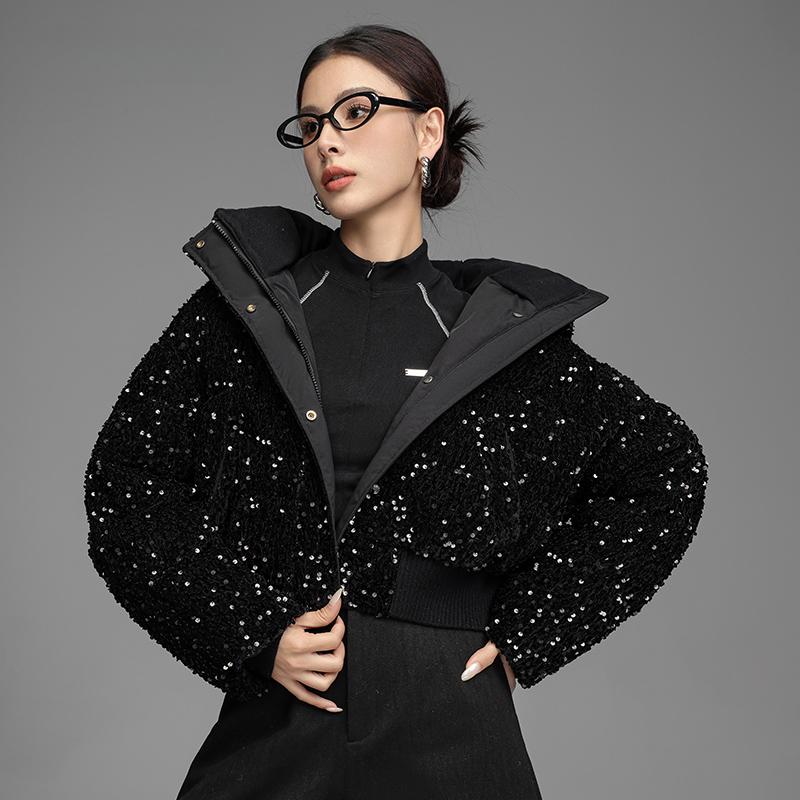 Down Jacket for Women Autumn and Winter New Arrival Short Style Fashionable Sequined Hooded All-match Warm Coat
