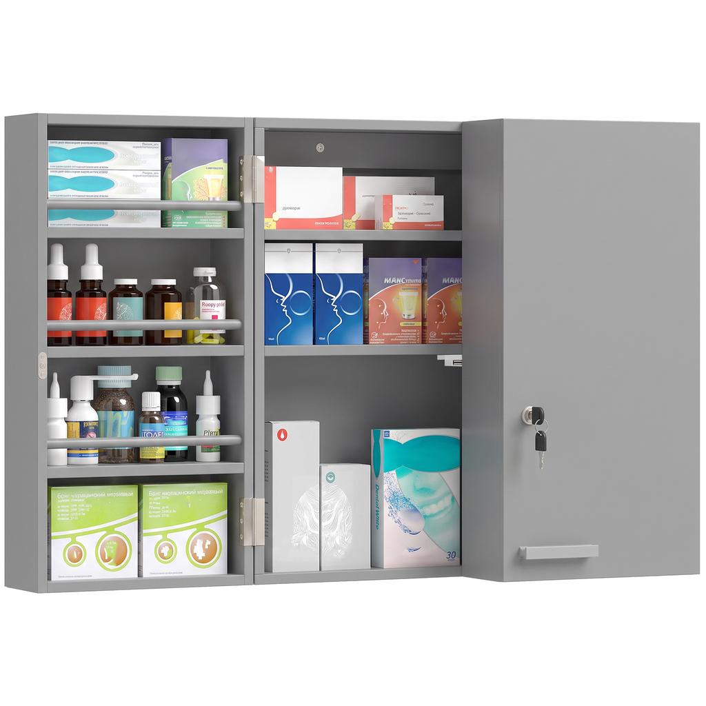 Wall-Mounted Medicine Cabinet, Double Lockable Doors, 2 Keys, 53 x 20 x 53 cm, Grey