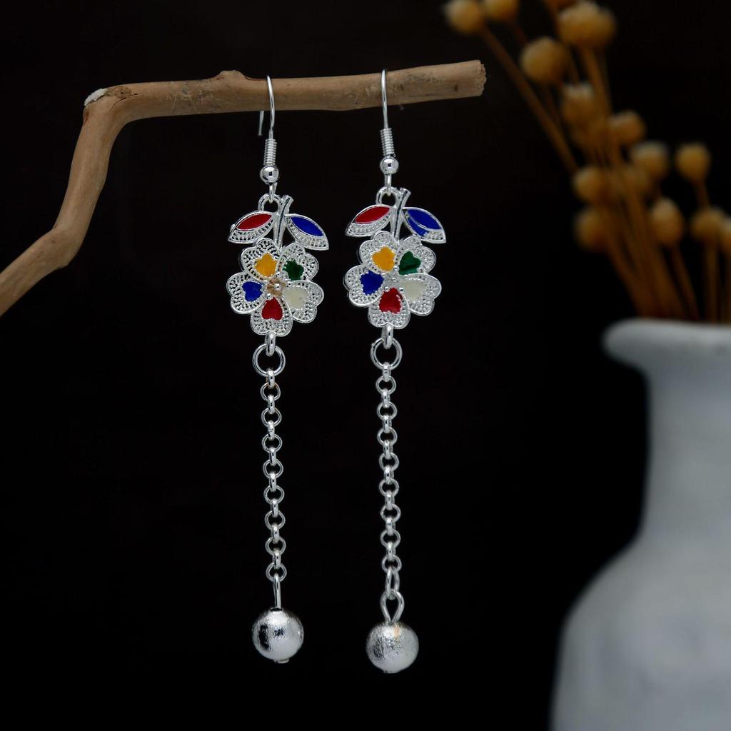 Personalized Bohemian Miao Silver Geometric Tassel Earrings