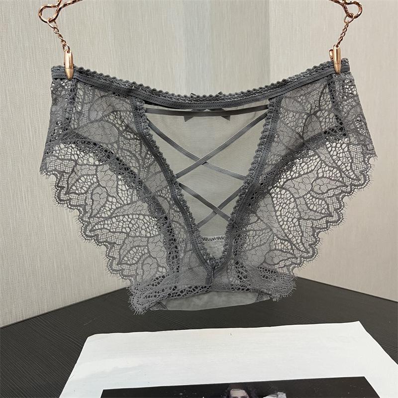 MM Sexy Thin Strap Hollow Black Panties, Women's Lace Medium and Low Waist Breathable Thin Briefs