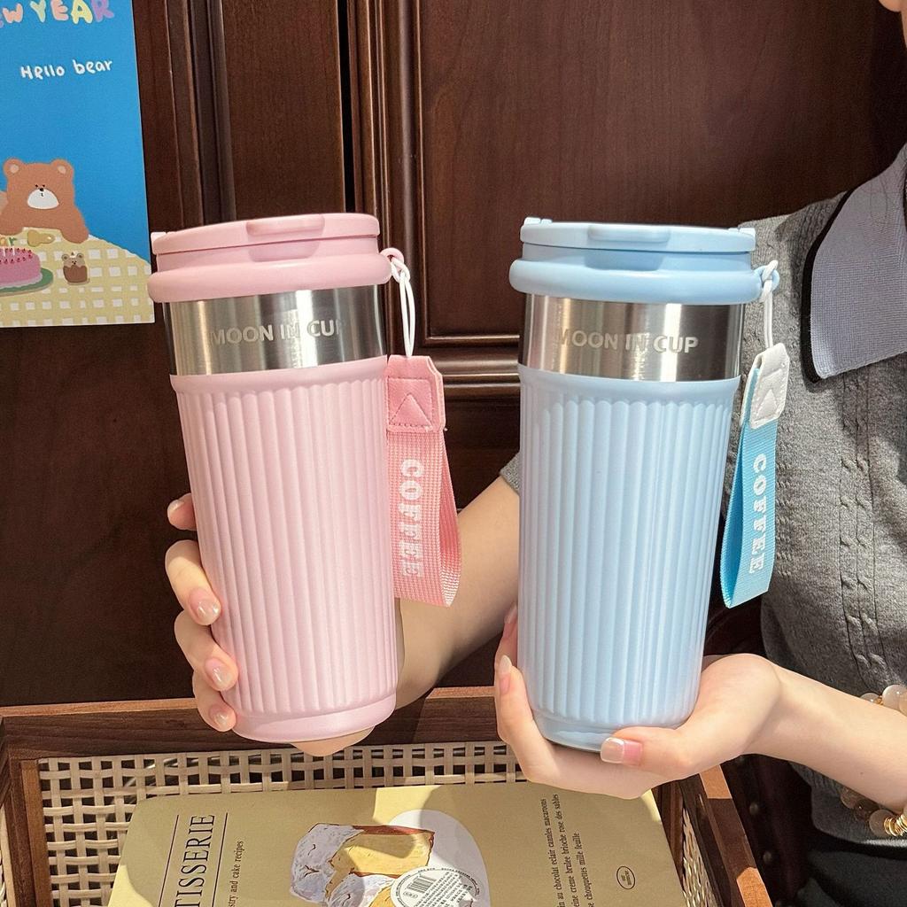 Striped Coffee Thermos Cup Portable Stainless Steel Coffee Cup Going Out Straw Water Cup Women's New High-value Cup