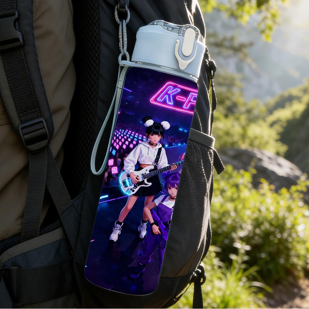 1PC Dark Neon Kpop Girl Live Stage Scene 750ml Color Plastic Water Bottle Leakproof Flip Straw Lid For Sports Office Home Use