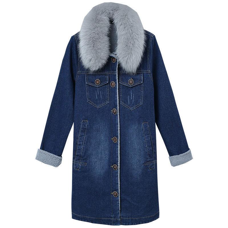 Winter Denim Jacket for Women Thick Lamb Wool Warm Coat Long Cotton Padded Parkas Casual Windbreaker Jean Outerwear