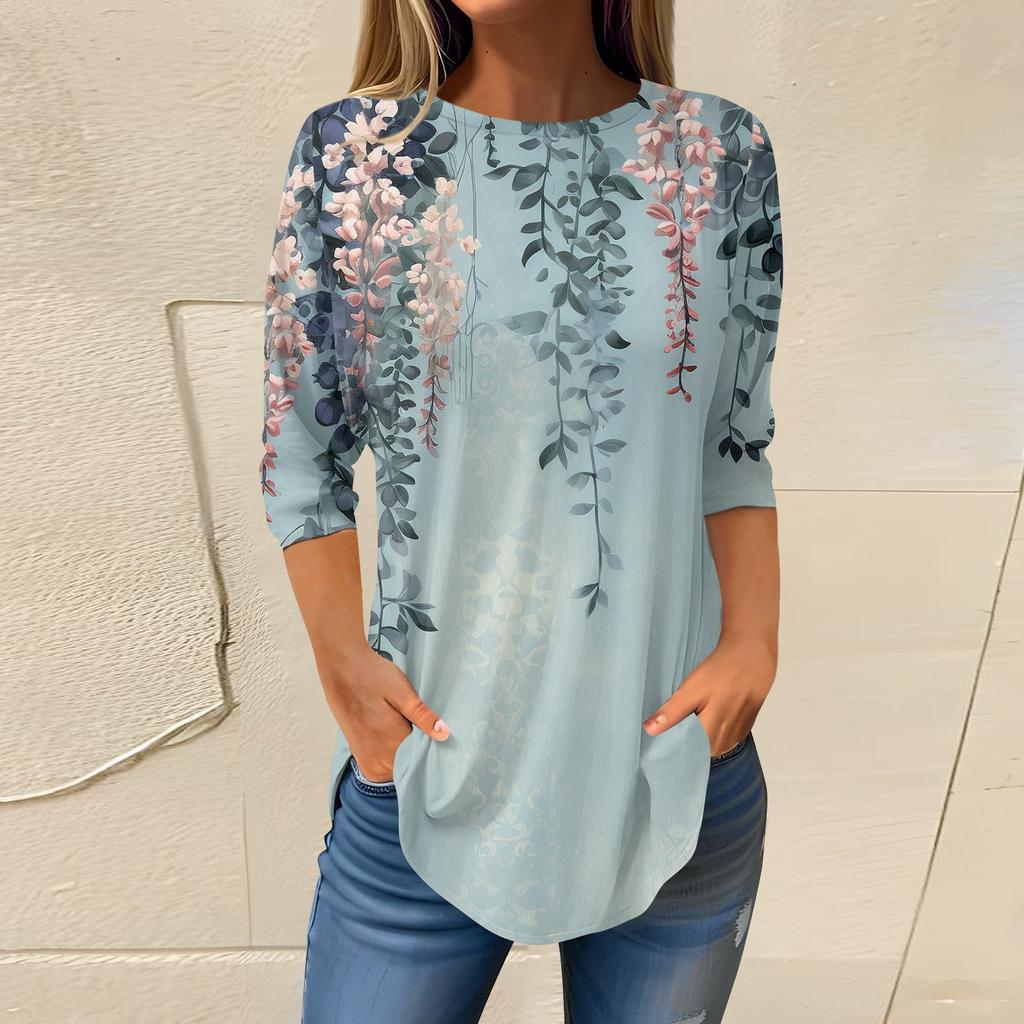 Women's Loose Round Neck Print 3/4 Sleeve T-Shirt Top Pullover