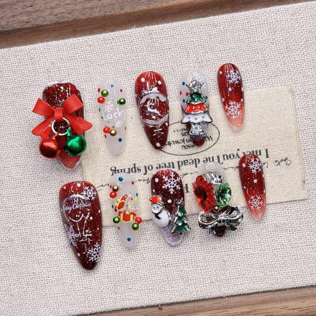Handmade Christmas Almond False Nail Tips - High-End Whitening Short Manicure