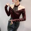 Hollow Off-the-shoulder Bottoming Shirt Women's Splicing Kink Slim-fitting Long-sleeved T-shirt Top