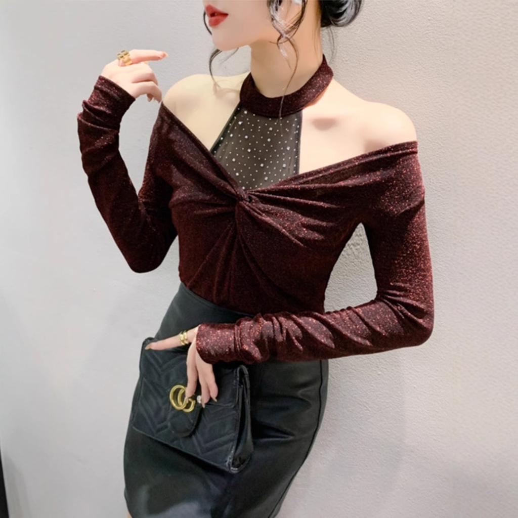 Hollow Off-the-shoulder Bottoming Shirt Women's Splicing Kink Slim-fitting Long-sleeved T-shirt Top