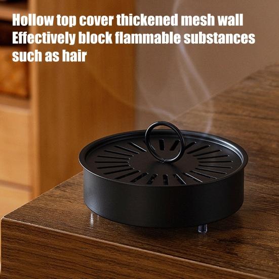 Incense Coil Holder with Handle Cover Portable Indoor Outdoor Camping Fireproof Round Metal Repellent Spiral Incense Burner Ash Catcher Tray