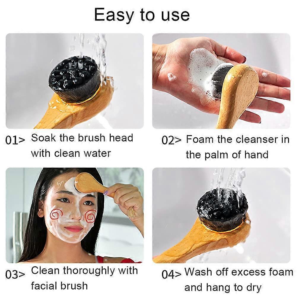 Manual Facial Cleansing Brush-Bamboo Charcoal Fiber Bristles and Wooden Handle-Skin Cleanser