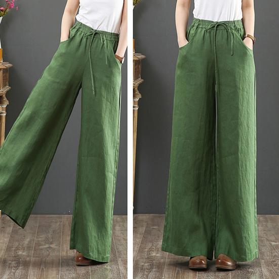 Casual Women Solid Color Wide Leg Pants High Waist Pockets Loose Long Trousers