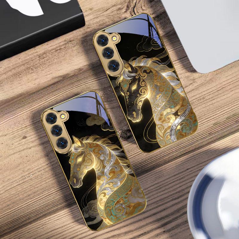 Ruishou Golden Steed For Samsung Galaxy S26 S20 FE S21 S22 S23Plus S24 Ultra 25Ultra S21+ S9 S22 S8 S23 Golden Glass Phone Case