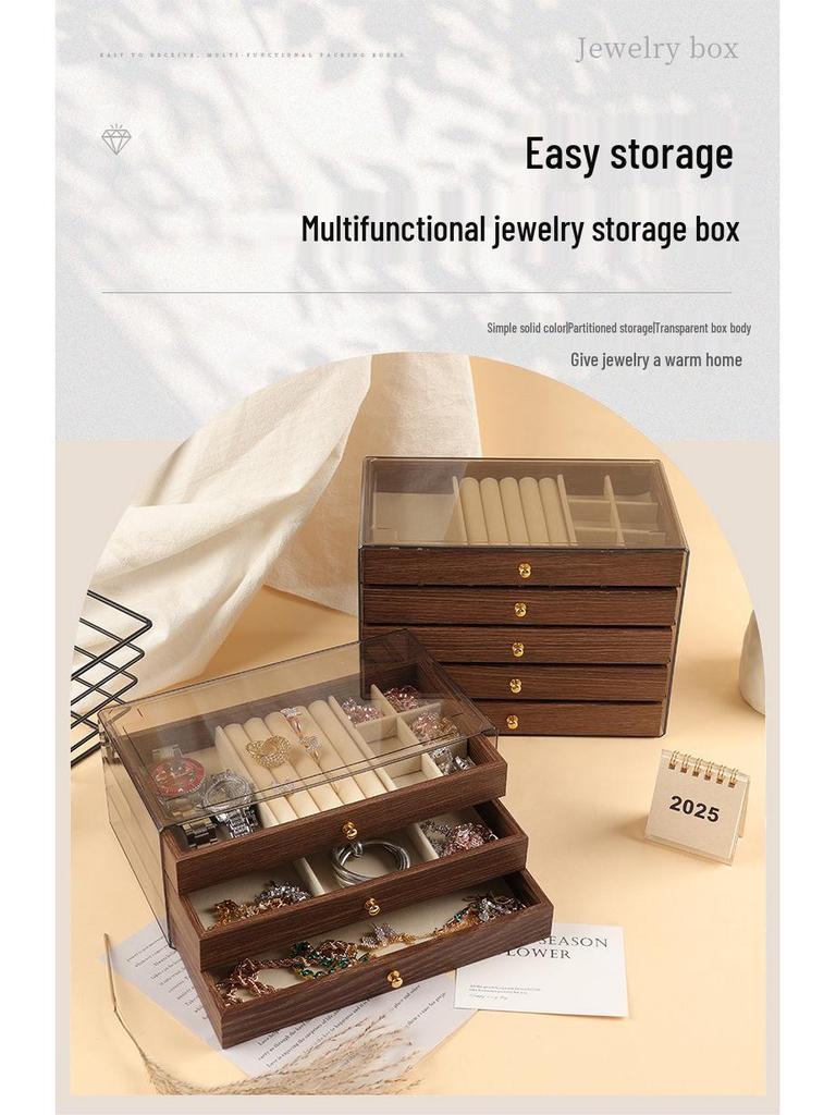 Lyxig flerlagers smyckeskrin med träådring för örhängen, ringar, halsband och armband - Stor kapacitet skrivbordsorganisatör