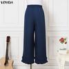 VONDA Women Casual Elastic Waist Casual Nonelastic Wide Leg Pants Ruffled Hem Trousers
