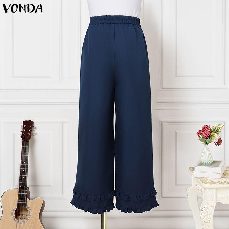 VONDA Women Casual Elastic Waist Casual Nonelastic Wide Leg Pants Ruffled Hem Trousers
