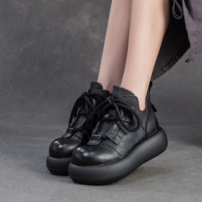 Genuine Soft Leather Martin Boots - Warm, Stylish & Versatile Retro Ankle Boots for Women, with Thick Platform Sole.