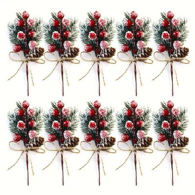 20cm Artificial Christmas Red Berry Picks Pine Needles Branches with Red Berry Pinecones Branches for Holiday Xmas Tree Decor