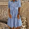 2024 Multi-Button Midi Denim Dress with Pockets - Short Sleeve