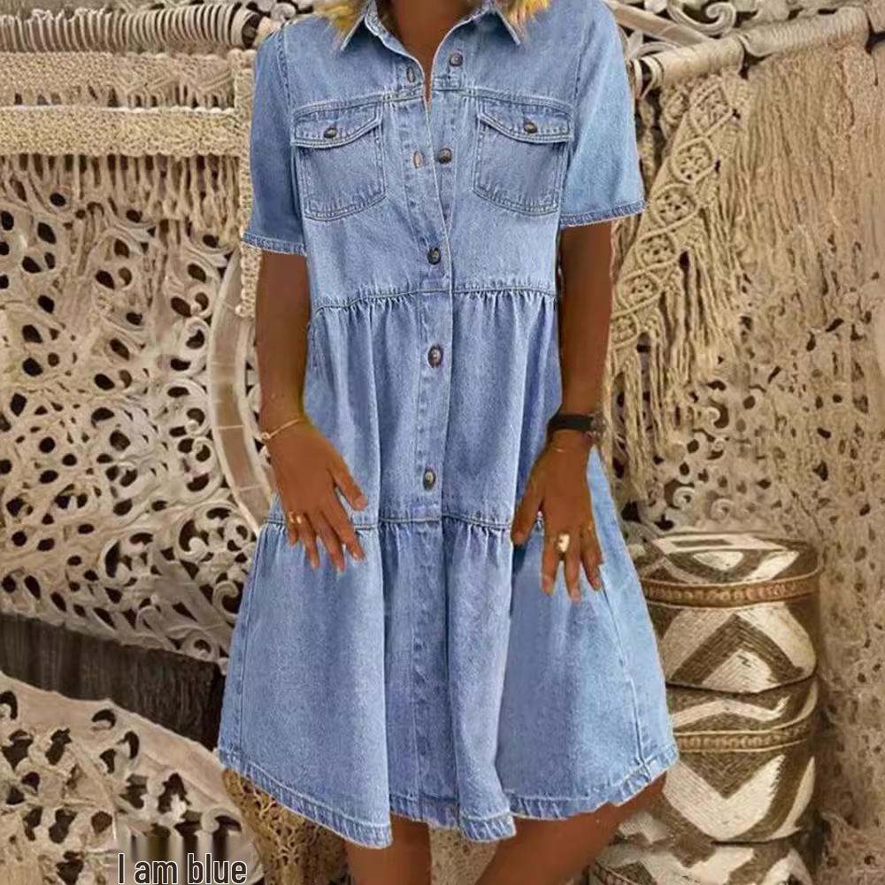 2024 Multi-Button Midi Denim Dress with Pockets - Short Sleeve