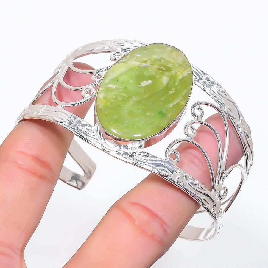 Natural Nephrite Gemstone 925 Sterling Silver Cuff Bangle Adjustable J3T81