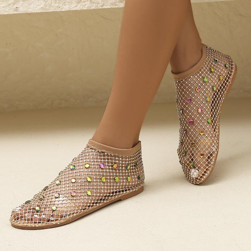 Women’s Rhinestone Hollow Slip-On Sandals Elastic Strap Round-Toe Flat Shoes