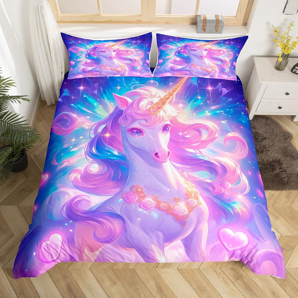 Comforter Unicorn Queen Pink Flowers Bedding Set For Kids Girls Bedroomromantic Sparkle Galaxy Stars Comforter Unicorn