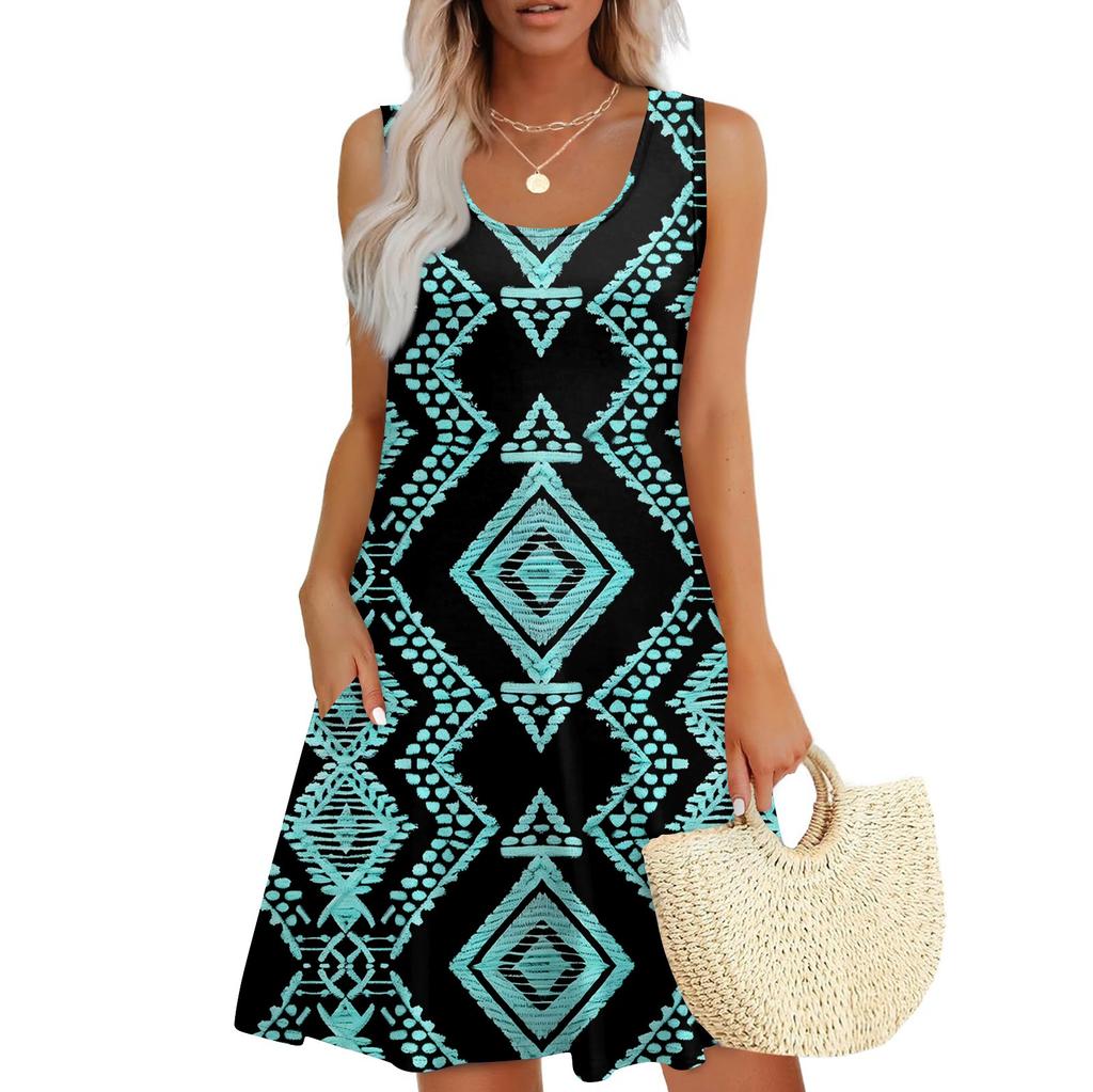 Lässiges Sommerkleid für Damen mit Taschen, Sommer-Boho-Strandkleid, Urlaubskleider für Damen, T-Shirt-Kleid, U-Ausschnitt, lockere Tank-Kleider
