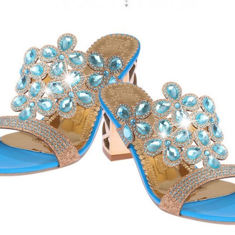 Thick Heel Women's Sandals 20 Summer New Fashion Fish Mouth Women's Cool Slippers Rhinestone Middle Heel Women's Shoes