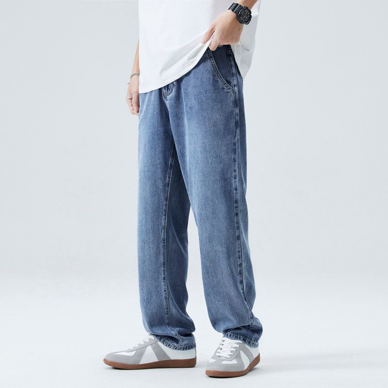 Foreign Trade Clearance Lyocell Straight-Leg Jeans for Men, Summer Thin Tencel Cool-Feel Loose Casual Drapey Long Pants