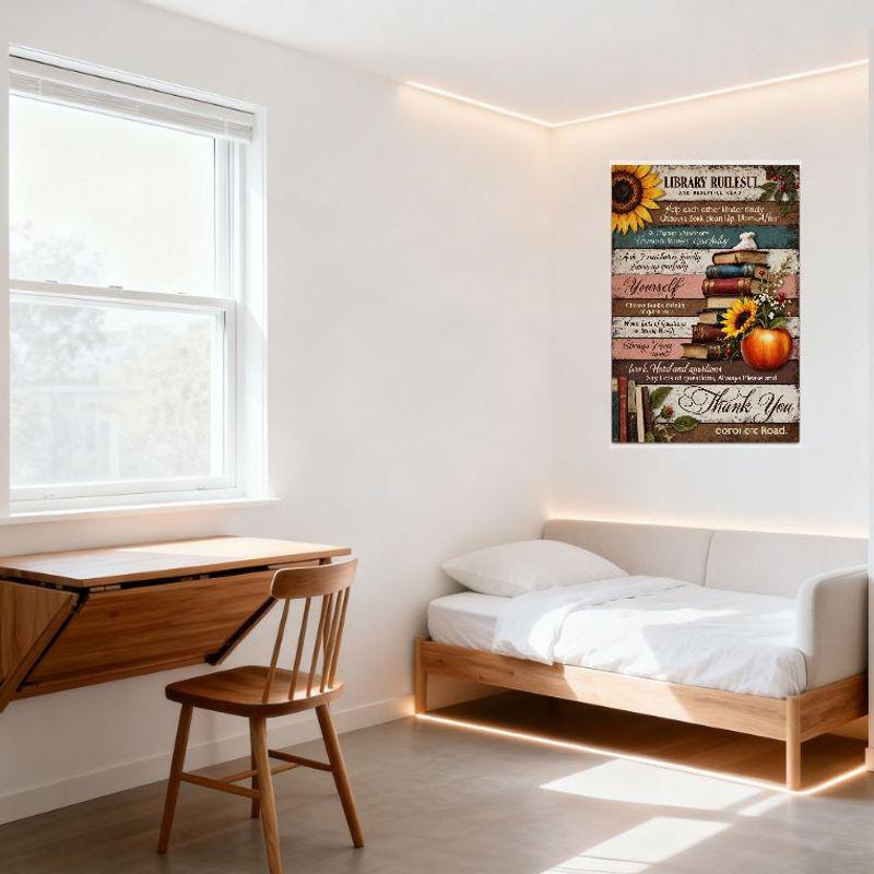 Rustic 'Library Rules - Respectful Read' Metal Tin Sign, Vintage Sunflower Rabbit Books Apple Decor, Home Office Cafe Bar Man Ca