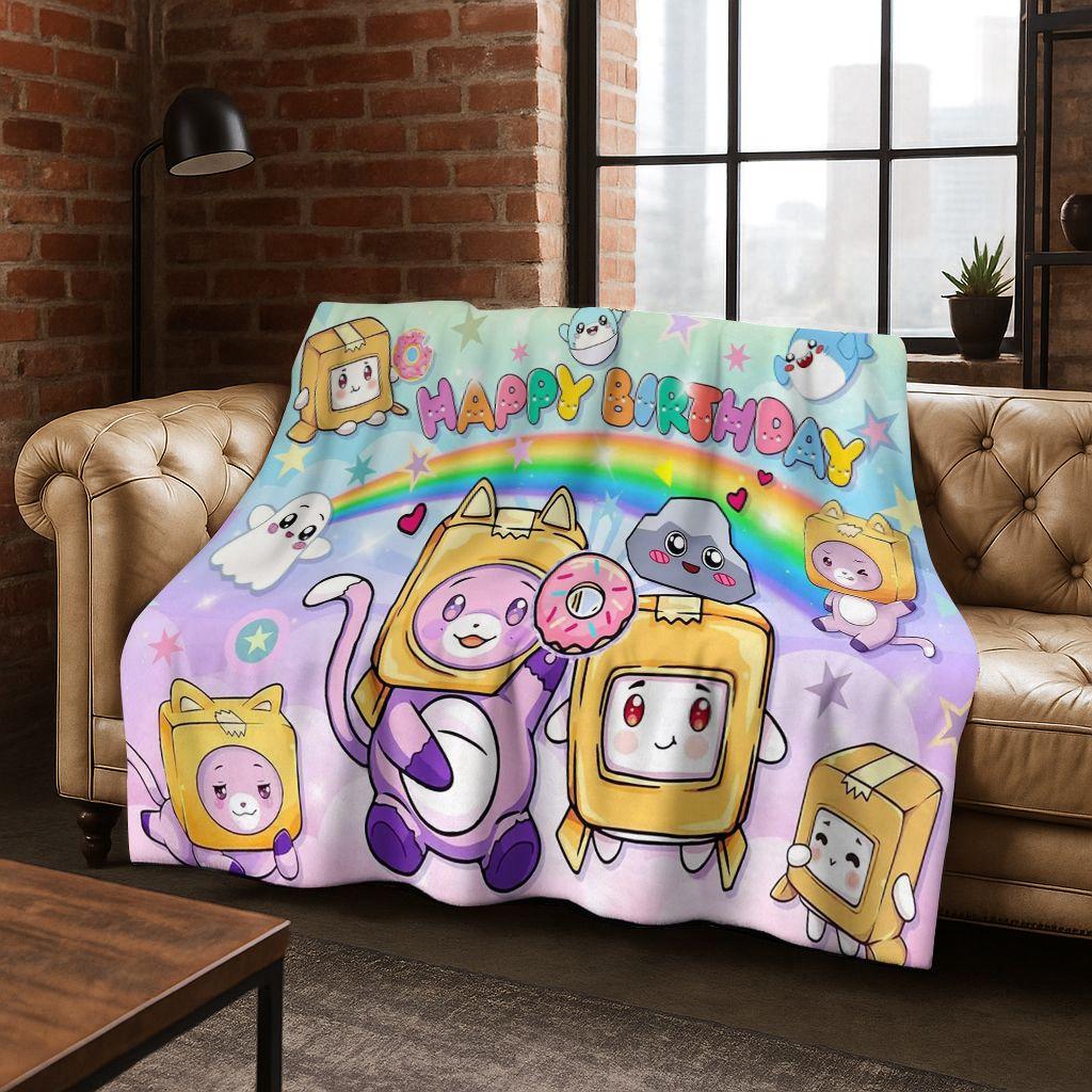 Kreskówkowa Koc Lankybox Urocza Foxy Boxy Rocky Flanelowy Koc, Przytulny Miękki Koc na Kanapę Sofa Pokrycie Piknikowe Prezent dla Dzieci