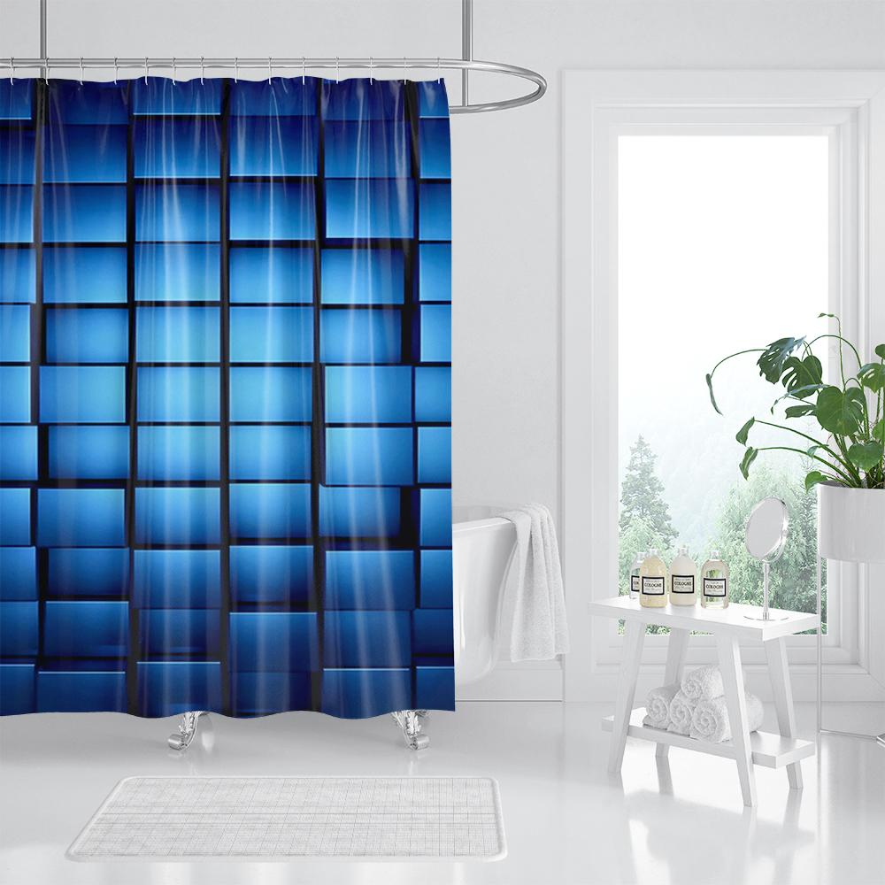 

Blue Mosaic Pattern Shower Curtains Waterproof Polyester Bath Curtain Geometrical for Bathroom Home Decor Curtain with Hooks W90xH180cm