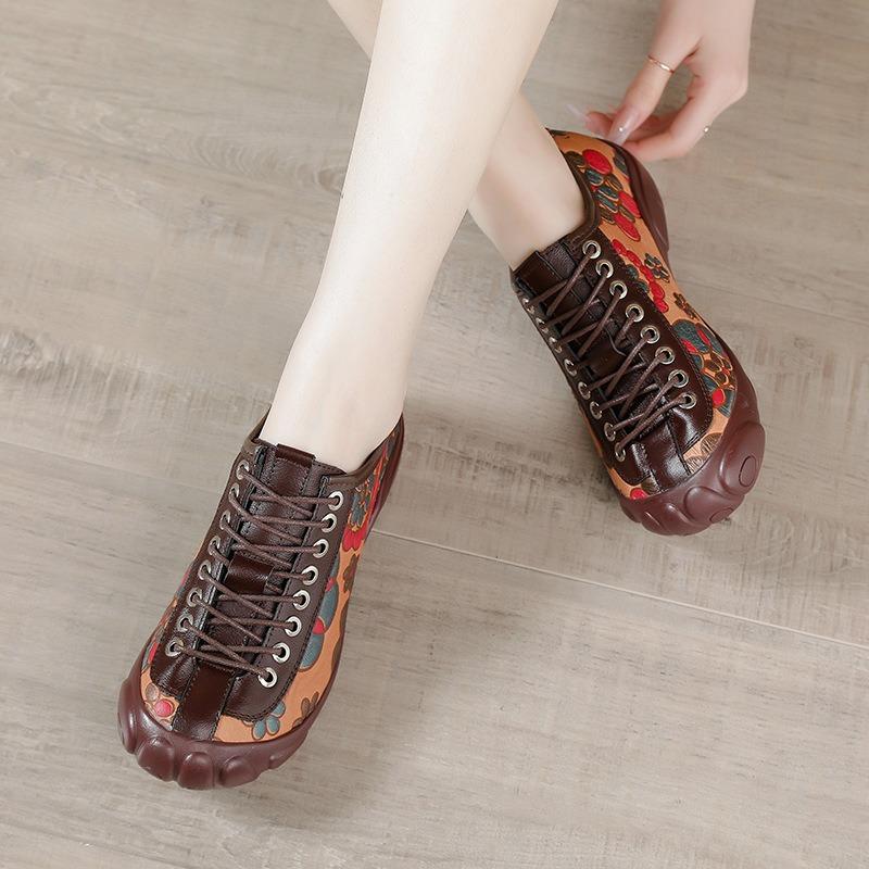 Printed front lace-up bag head deep mouth women's shoes leather soft sole heel wear-resistant soft sole fashionable