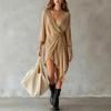 Women's Loose Fit Wrap V-Neck Knit Short Dress with Three-Quarter Sleeves and Irregular Hem