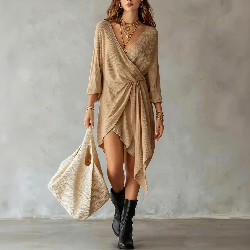 Women's Loose Fit Wrap V-Neck Knit Short Dress with Three-Quarter Sleeves and Irregular Hem