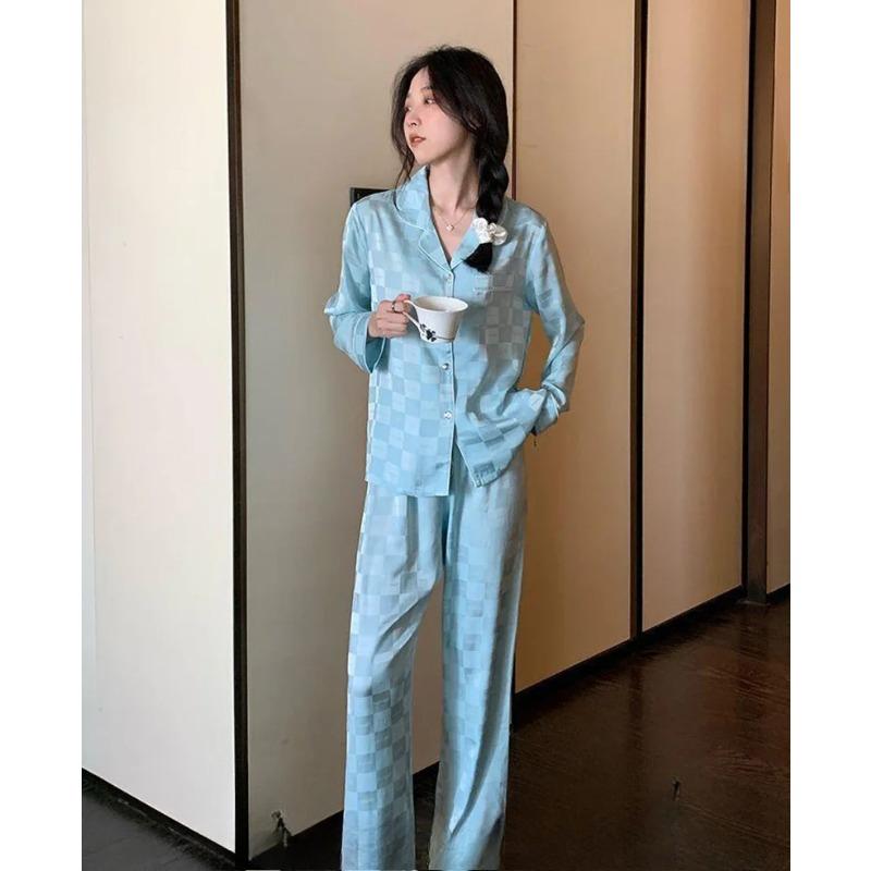 Ice Silk Pyjamas Women Plaid Long-Sleeved Trousers Suit Homewear Senior Sense of Large Size Suit Loose Summer