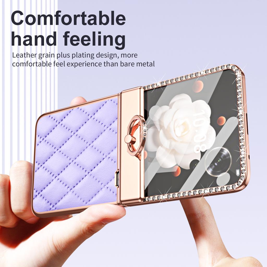 For Honor Magic V Flip Luxury Plating PC+Leather Hinge Full Body Cover Build-in Glass Front Film Shockproof Case