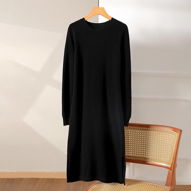 Women's Pure Wool Mid-Length Knit Skirt and Dress, Rolled Hem, Round Neck, Solid Color - Perfect for Autumn and Winter.
