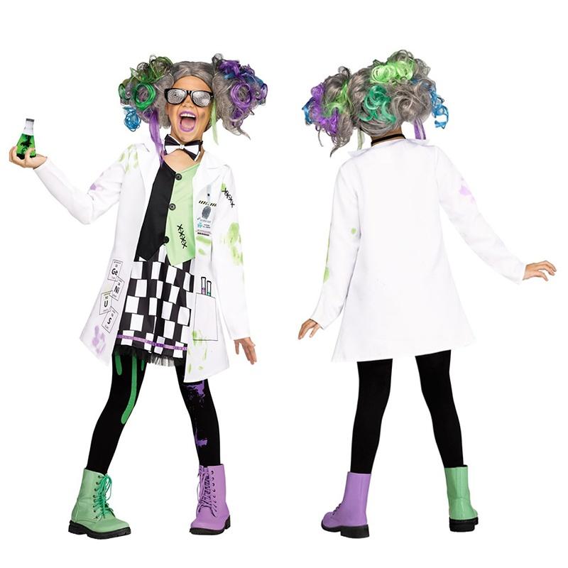 Mad Halloween Scientist Costume Girls Boys Uniform Cosplay Set For Kid Role Play