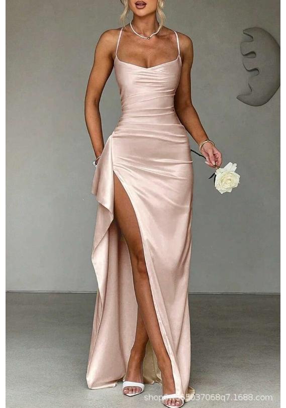 Europäisches und amerikanisches Sommer-Neues elegantes und modisches einfarbiges Trägerkleid mit langem Schlitz, schulterfrei für Damen
