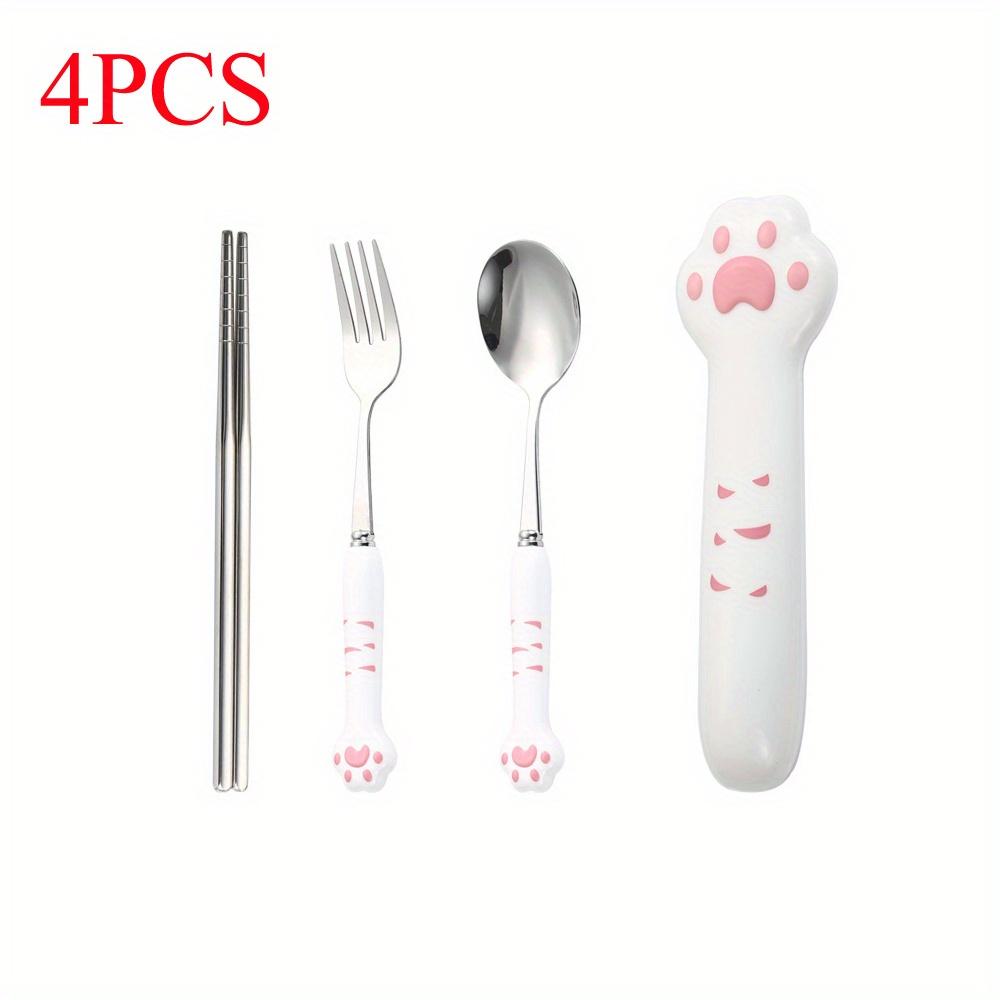 Cute Cat Paw Cutlery Set Stainless Steel Fork Spoon with Storage Box Dinnerware Tableware Silverware Lunch Portable Tableware