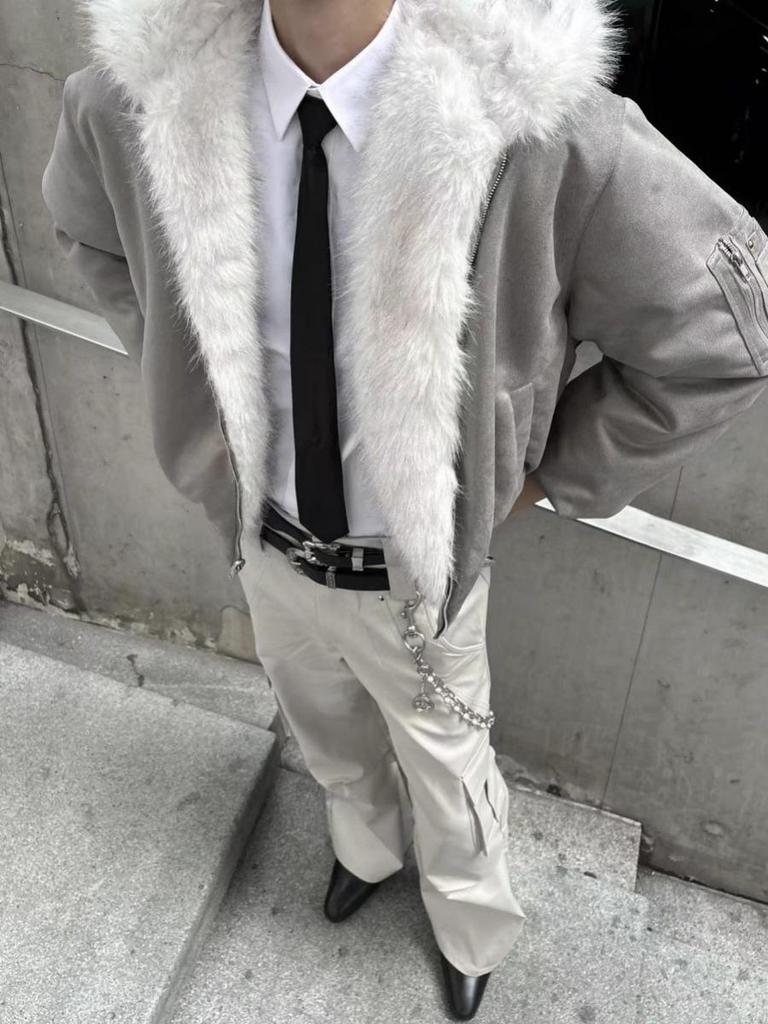 RTIMFD Wendbare Dicke Wildleder Fliegerjacke mit Pelzfutter