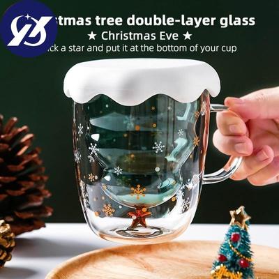 Tazza da caffè a doppio strato antiscottatura in vetro 300ML Albero di Natale Cielo stellato Isolamento termico Tazza da colazione per latte Regalo per bambini