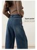 Guangmei Women's High-Waist Slimming Denim Flocked Balloon Pants - Winter Thickened Petite Straight Crop.