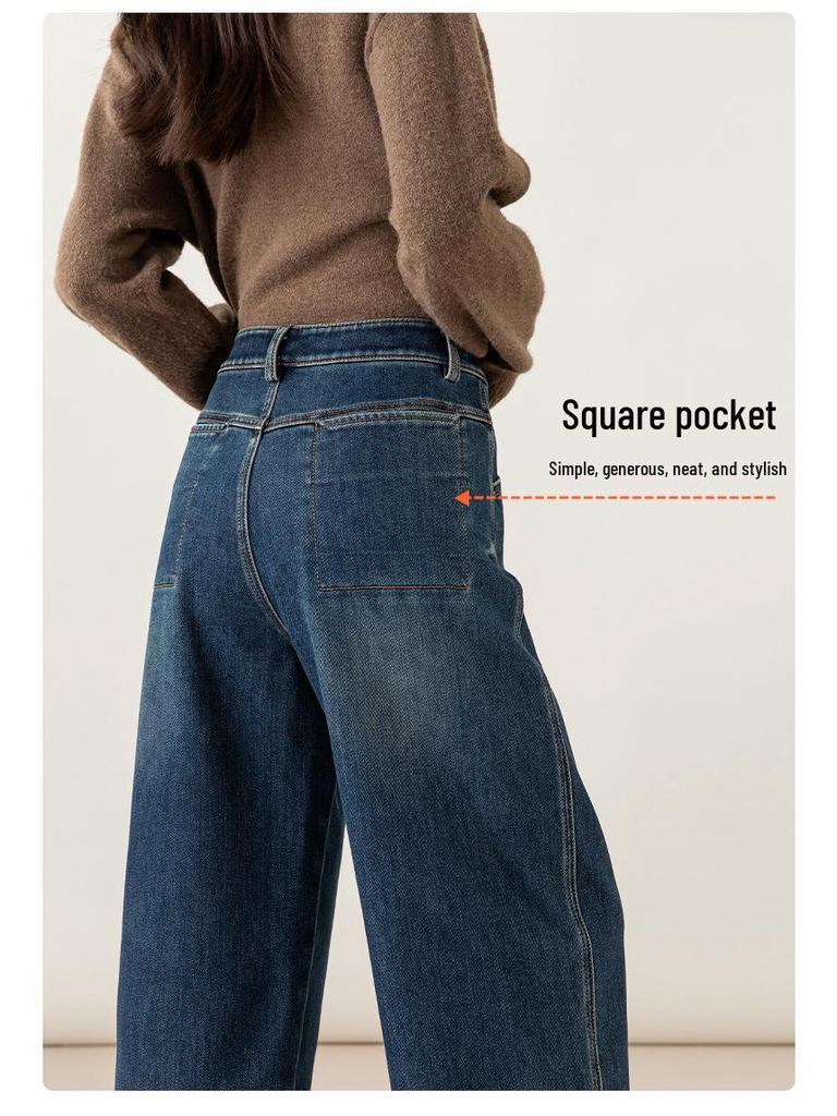 Guangmei Women's High-Waist Slimming Denim Flocked Balloon Pants - Winter Thickened Petite Straight Crop.