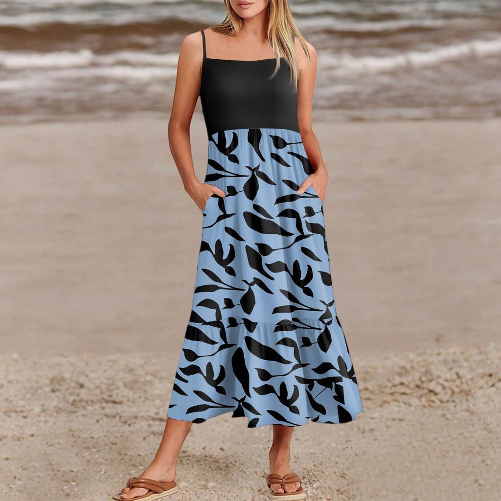 Women's Summer Spaghetti Strap Patchwork Beach Vacation Floral With Pocket Dresses