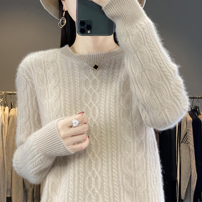 Women's Solid Color Wool Jacquard Knit Pullover Sweater - Round Neck Autumn/Winter Casual Top