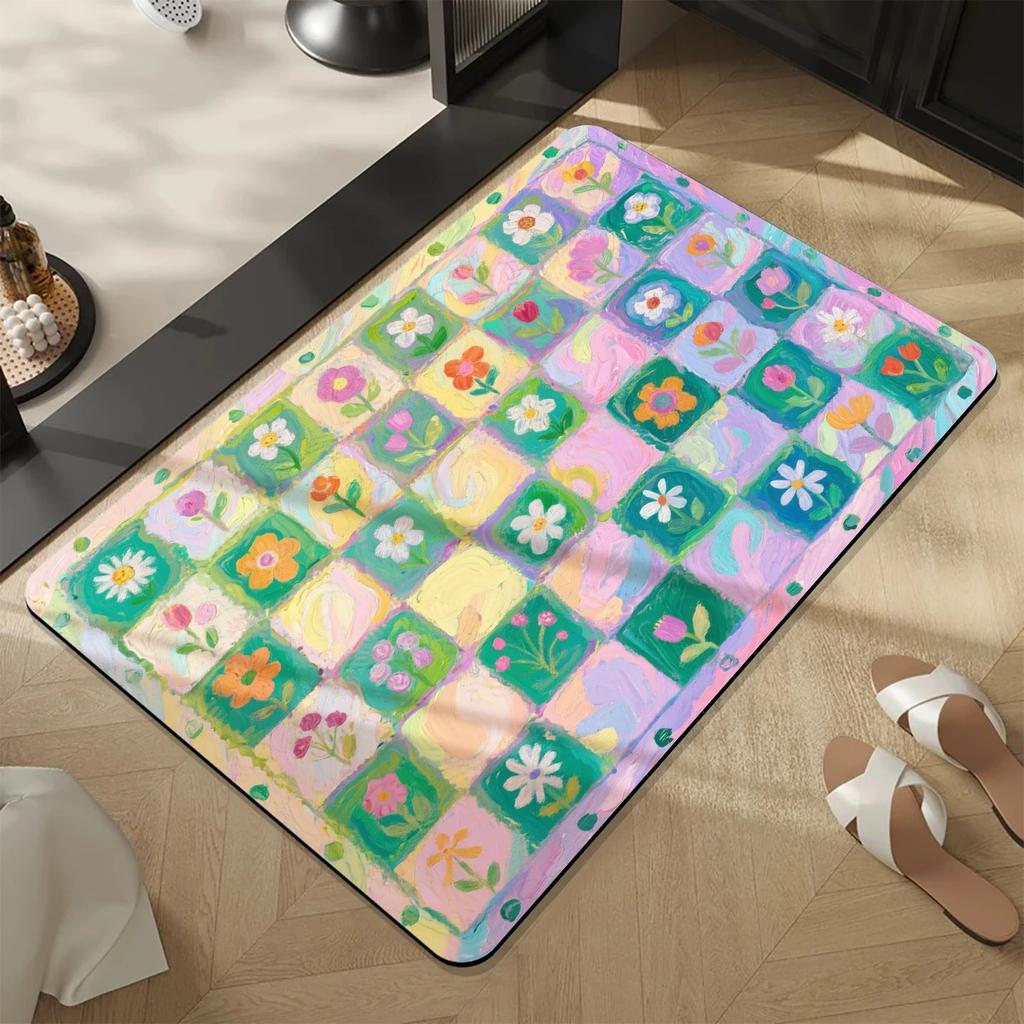Checkerboard Oil Painting Flower Printed Bathroom Bedroom Floor Mat Anti-Slip Colorful Bathroom Door Carpet Home Decoration